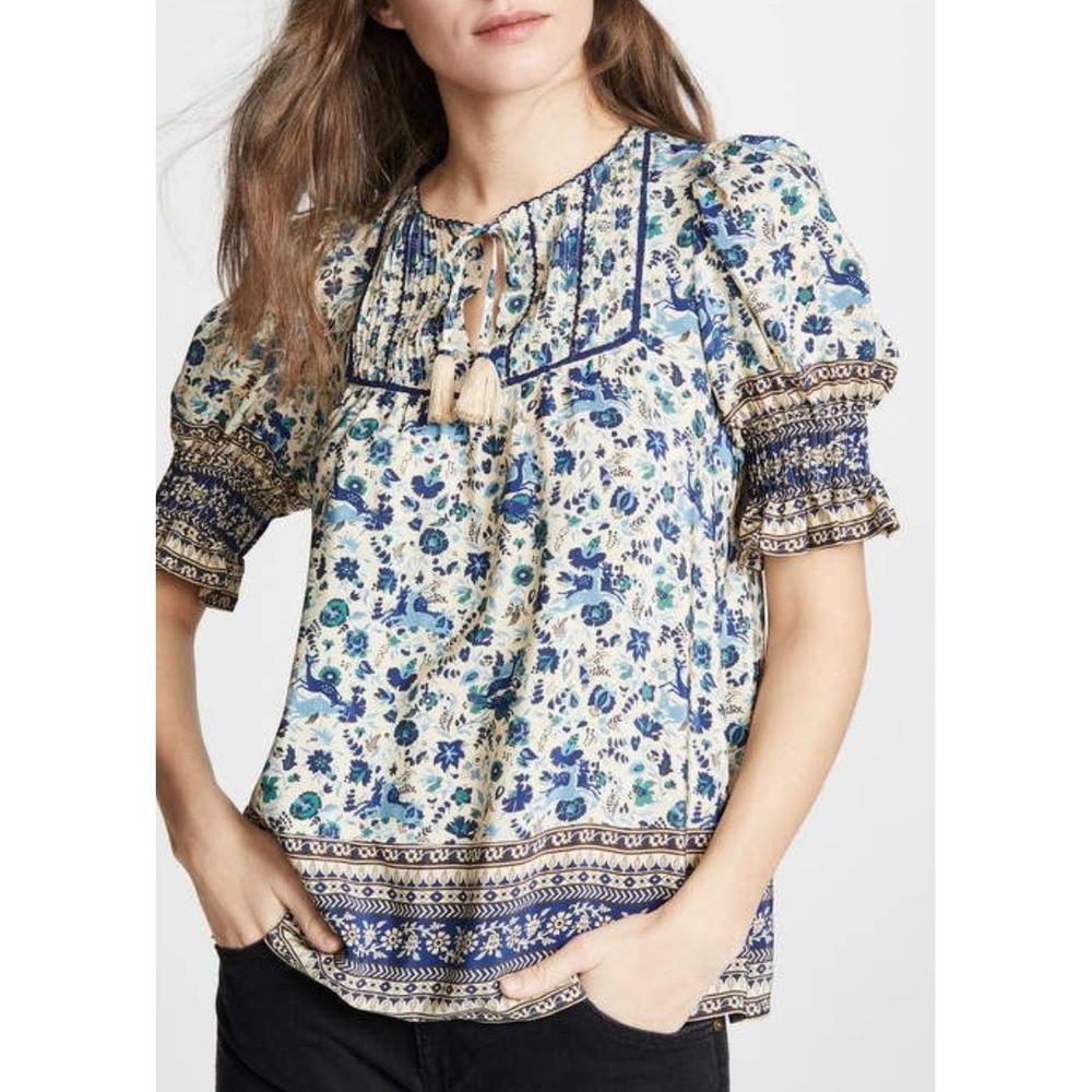 Sea New York Doe Print Blue Floral Silk Puff Sleeve Tassel Blouse Top Size 4